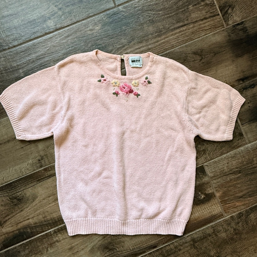 Leslie Fay Vintage Womens Grandmacore Floral Embroidered Knit Sweater, Pink,M